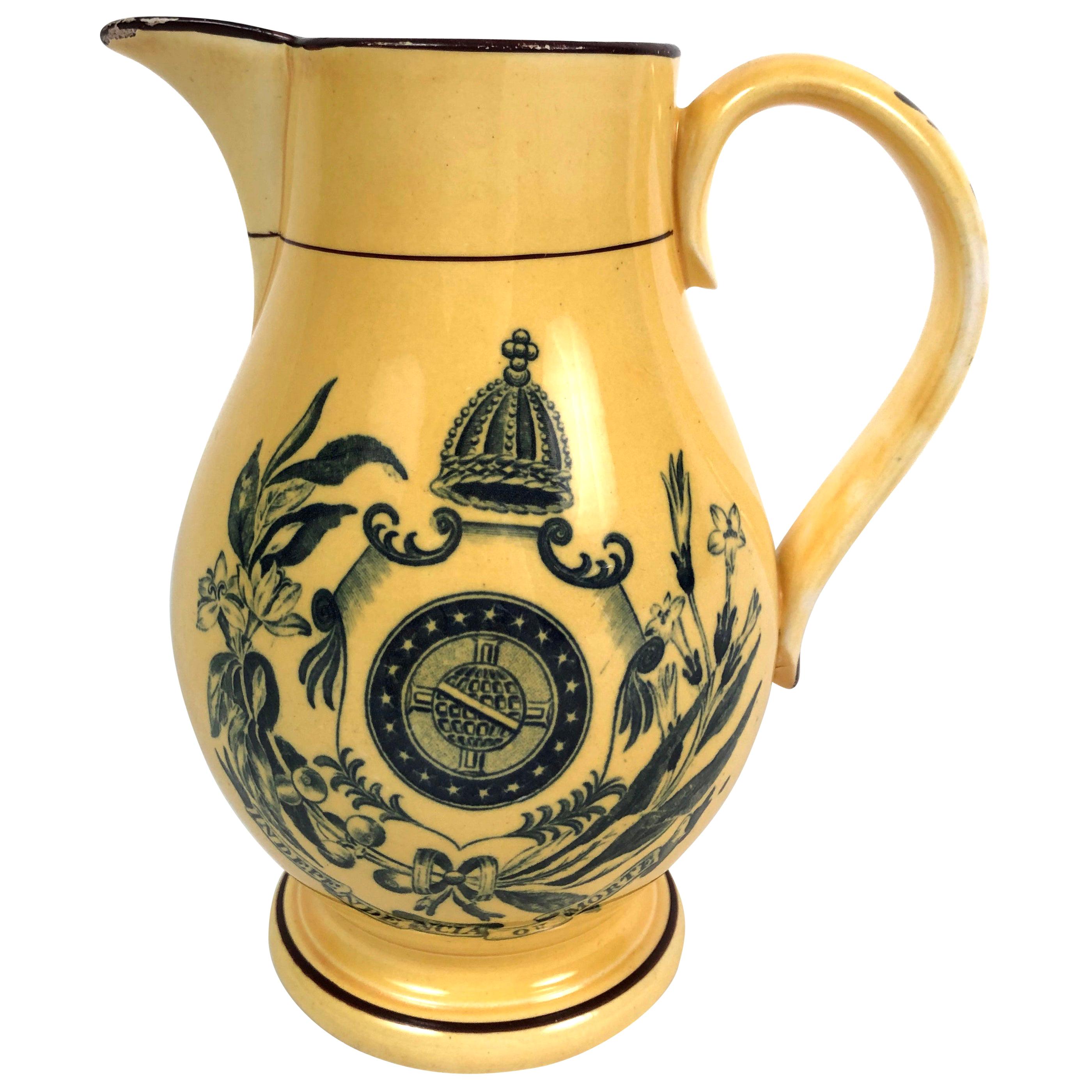 Yellow Glazed Staffordshire Pottery Brazil Independence Pitcher, circa 1825