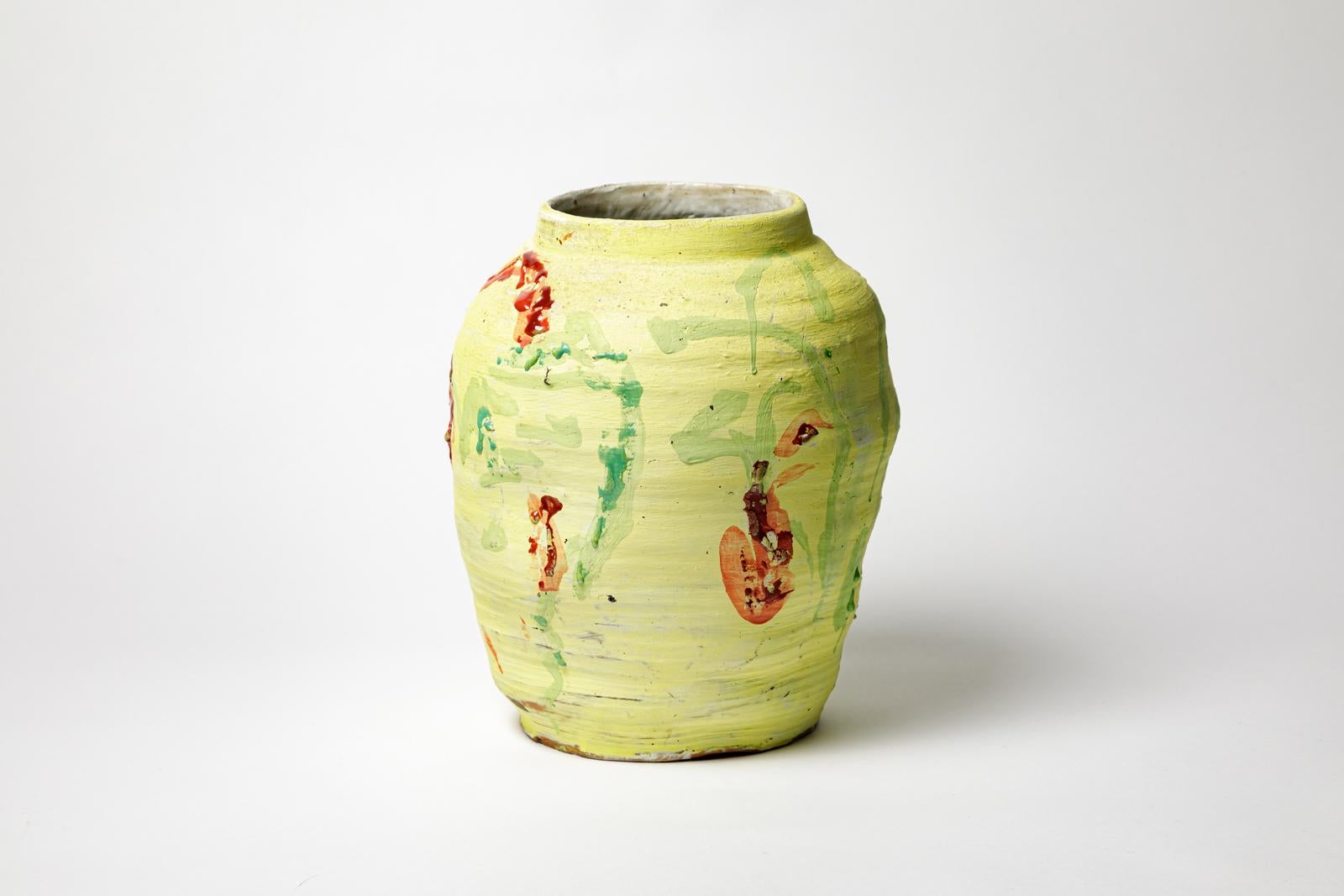 Yellow glazed stoneware vase by Brigitte Pénicaud. 
Artist signature under the base. Circa 2015.
H : 11.8 x 8.7 inches.
