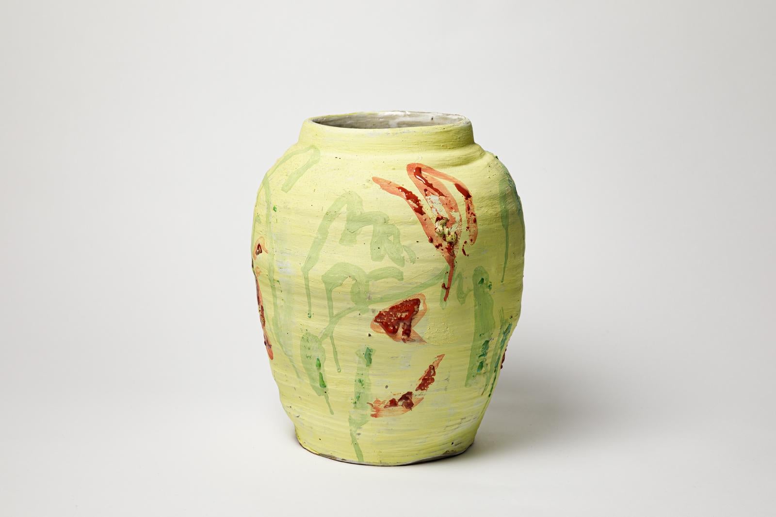 Beaux Arts Yellow glazed stoneware vase by Brigitte Pénicaud, circa 2015. For Sale