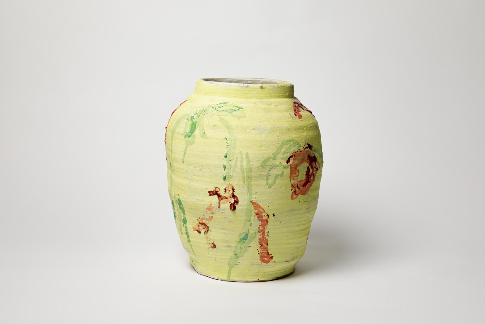 French Yellow glazed stoneware vase by Brigitte Pénicaud, circa 2015. For Sale