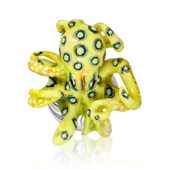 Yellow "Glow in the Dark" Octopus Cufflinks in Hand-Enameled Sterling Silver