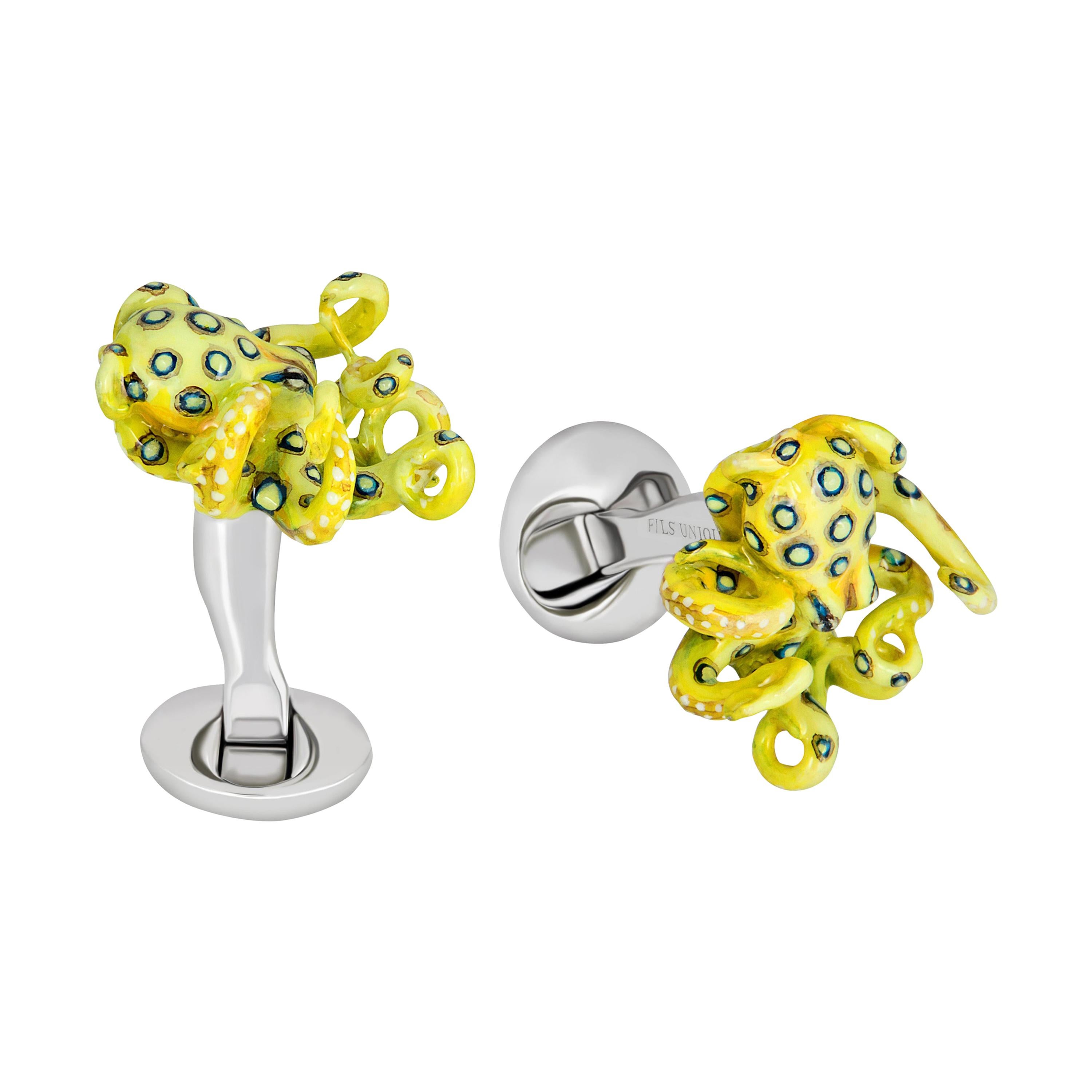 Yellow "Glow in the Dark" Octopus Cufflinks in Hand-Enameled Sterling Silver