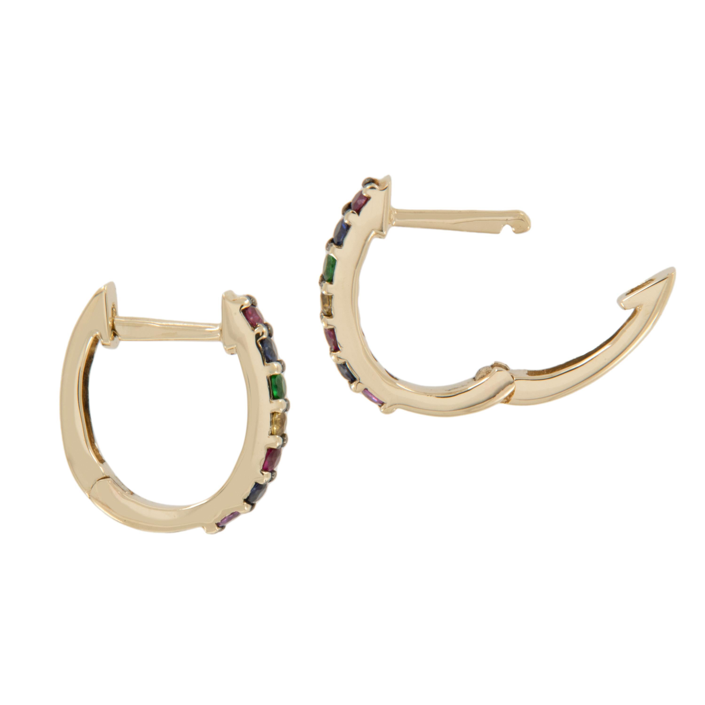 Contemporary Yellow Gold 0.30 Cttw Rainbow Gemstone Mini Hoop Earrings  For Sale