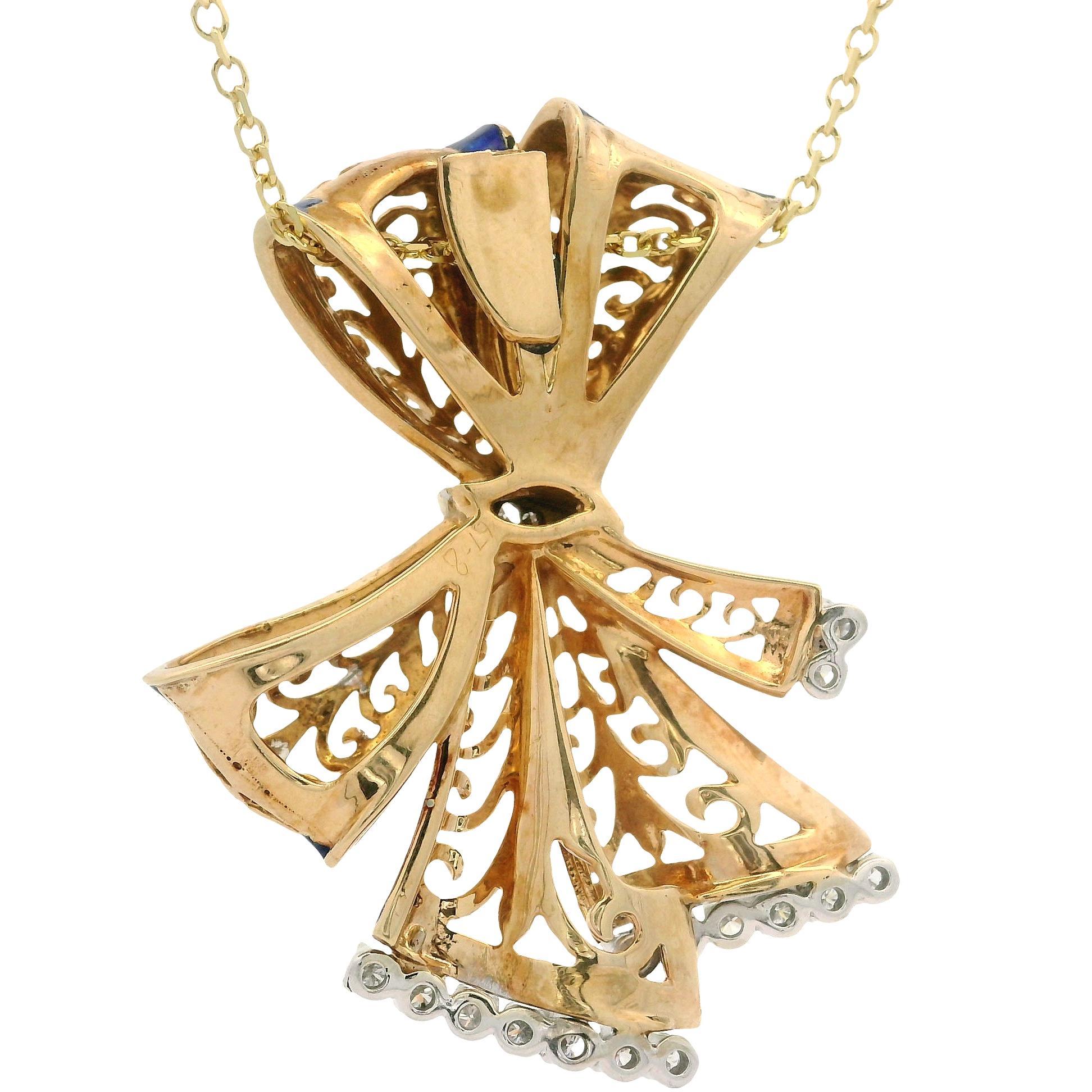 Yellow Gold 0.50ctw Diamond Blue Enamel Open Work Slide Ribbon Pendant Necklace For Sale 5