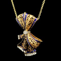 Yellow Gold 0.50ctw Diamond Blue Enamel Open Work Slide Ribbon Pendant Necklace