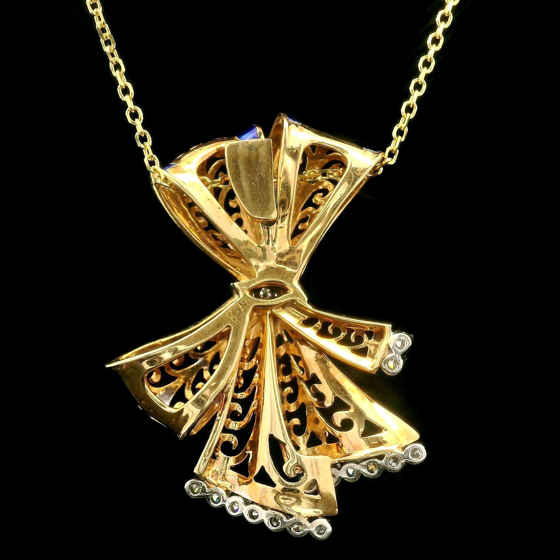 Brilliant Cut Yellow Gold 0.50ctw Diamond Blue Enamel Open Work Slide Ribbon Pendant Necklace For Sale