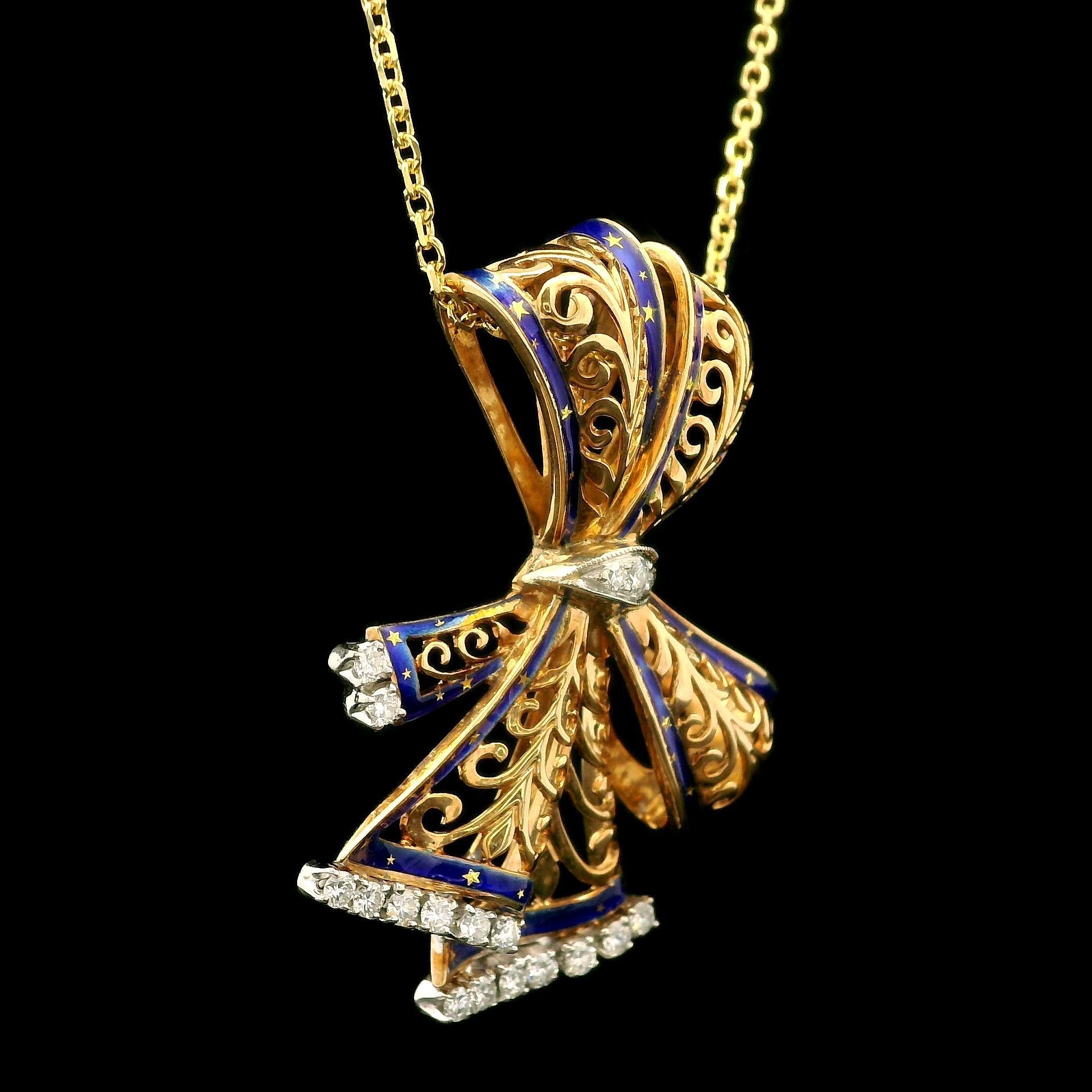 Yellow Gold 0.50ctw Diamond Blue Enamel Open Work Slide Ribbon Pendant Necklace In Excellent Condition For Sale In Montclair, NJ