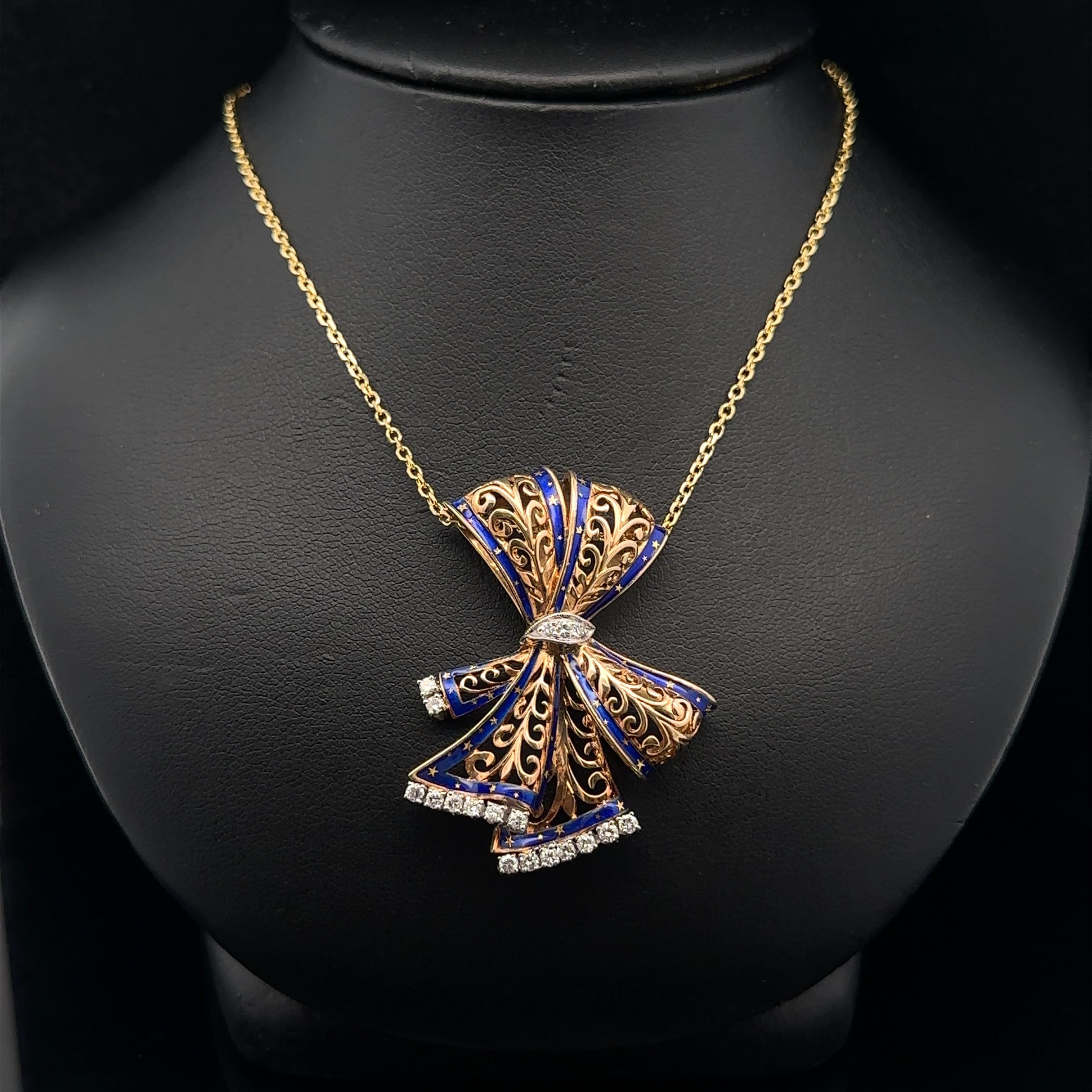 Women's Yellow Gold 0.50ctw Diamond Blue Enamel Open Work Slide Ribbon Pendant Necklace For Sale
