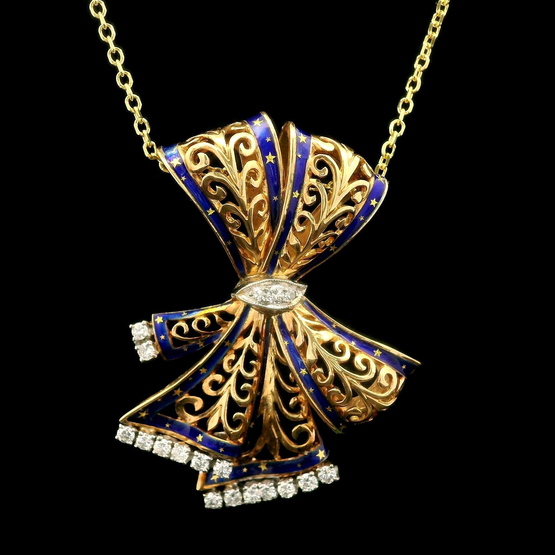 Yellow Gold 0.50ctw Diamond Blue Enamel Open Work Slide Ribbon Pendant Necklace For Sale 1