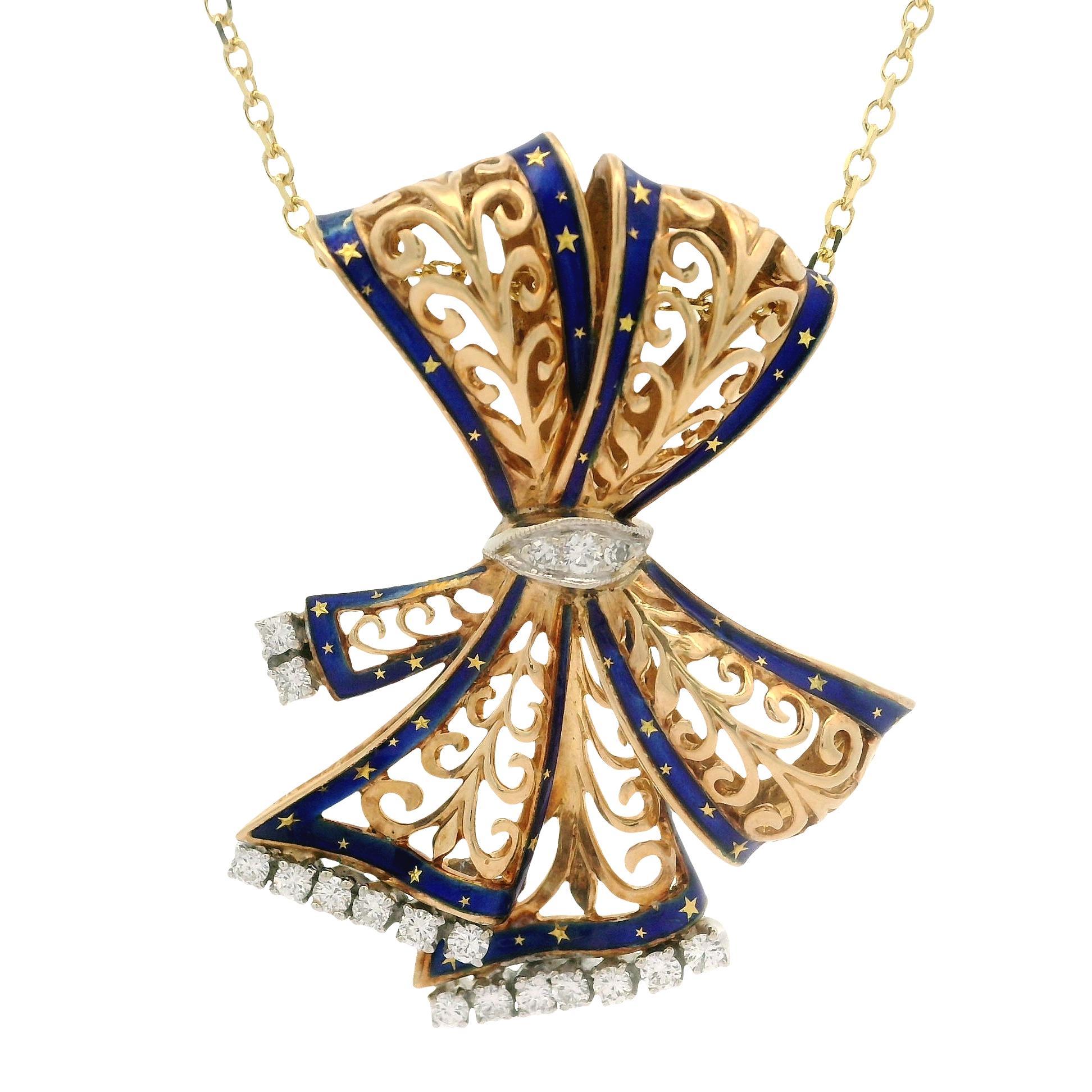 Yellow Gold 0.50ctw Diamond Blue Enamel Open Work Slide Ribbon Pendant Necklace For Sale 2