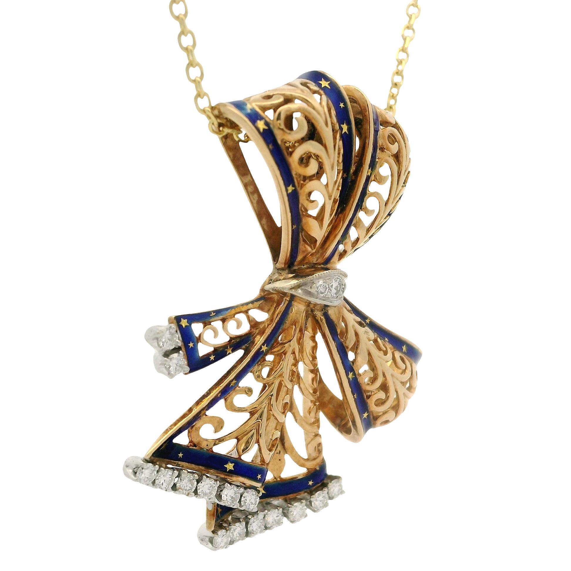 Yellow Gold 0.50ctw Diamond Blue Enamel Open Work Slide Ribbon Pendant Necklace For Sale 3