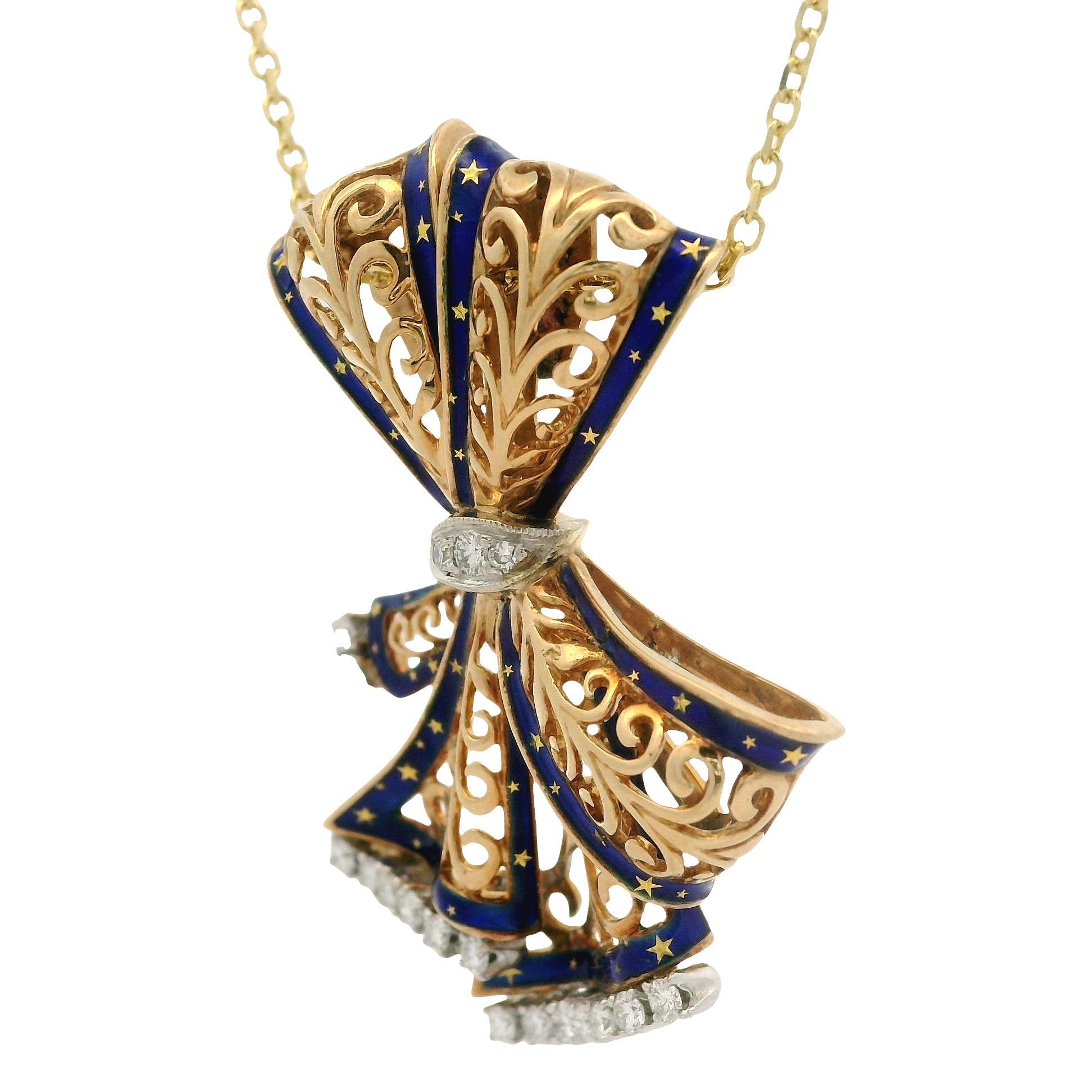 Yellow Gold 0.50ctw Diamond Blue Enamel Open Work Slide Ribbon Pendant Necklace For Sale 4