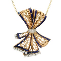 Yellow Gold 0.50ctw Diamond Blue Enamel Open Work Slide Ribbon Pendant Necklace