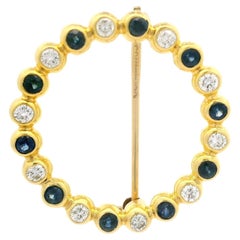 Yellow Gold 0.60ctw Sapphire & Diamond Circle Of Life Bezel Wreath Pin Brooch