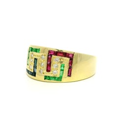Yellow Gold 0.69ctw Diamond Sapphire Ruby & Emerald Greek Key Band Ring