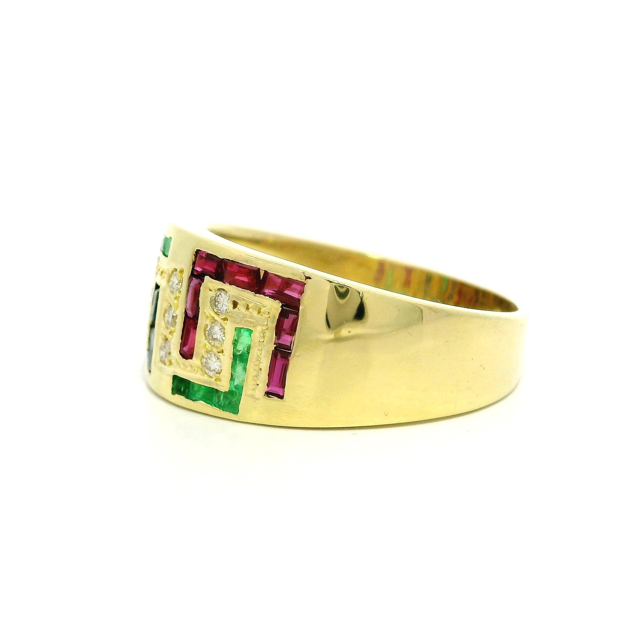 Brilliant Cut Yellow Gold 0.69ctw Diamond Sapphire Ruby & Emerald Greek Key Band Ring For Sale
