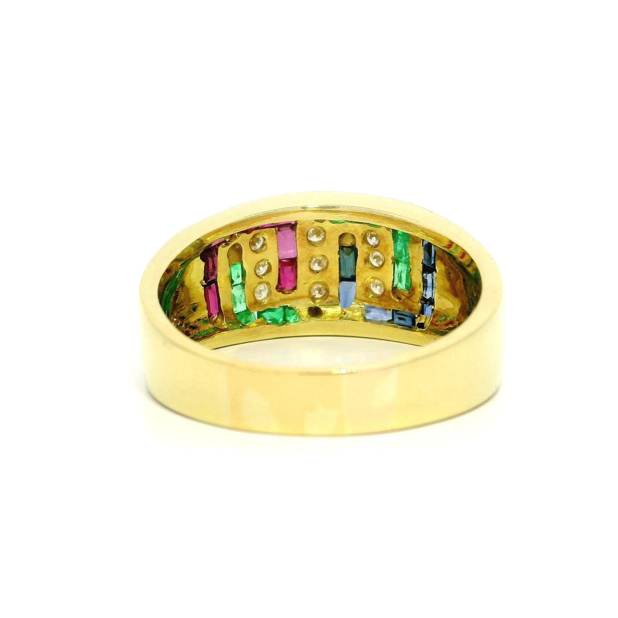 Yellow Gold 0.69ctw Diamond Sapphire Ruby & Emerald Greek Key Band Ring In Excellent Condition For Sale In Montclair, NJ