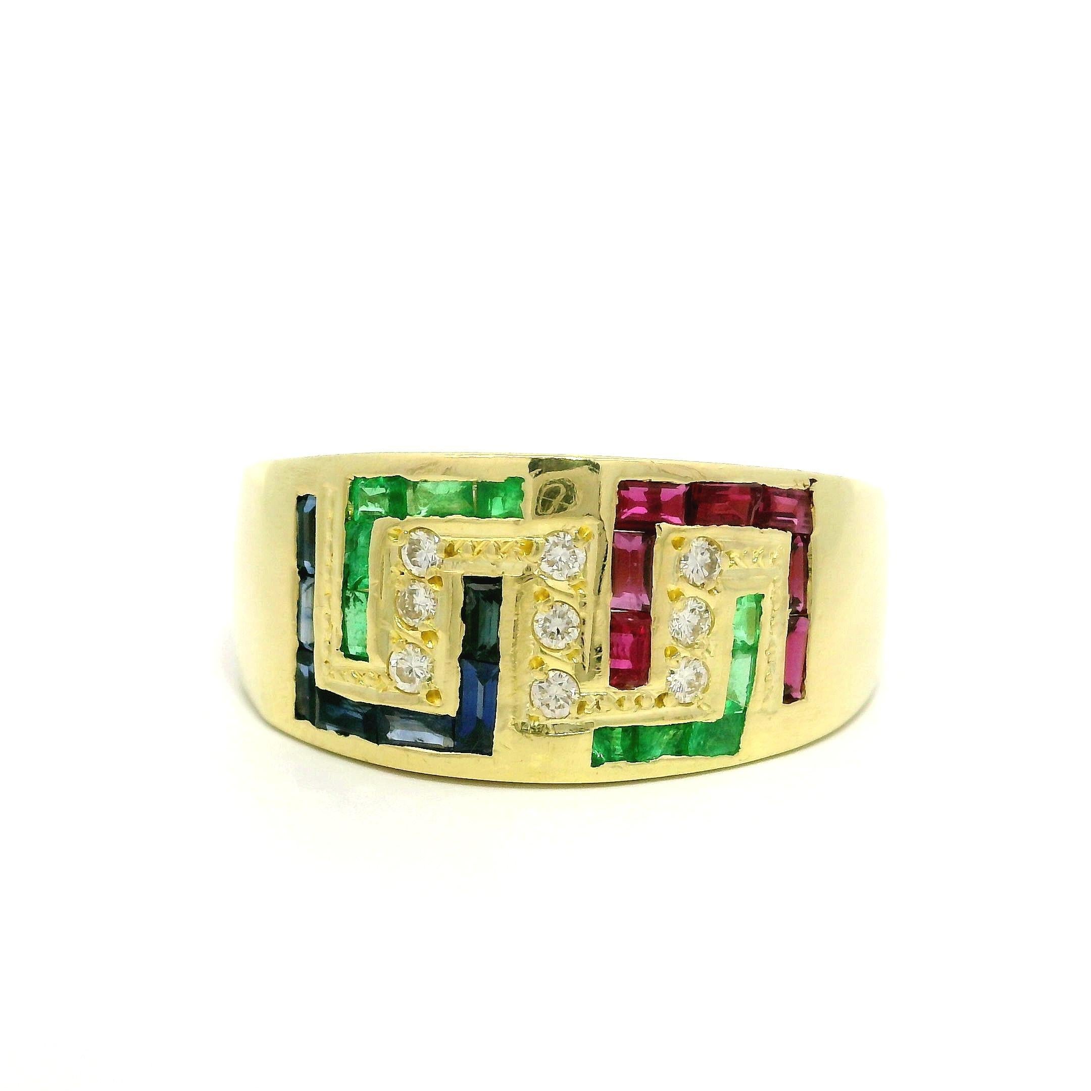 Yellow Gold 0.69ctw Diamond Sapphire Ruby & Emerald Greek Key Band Ring For Sale 1