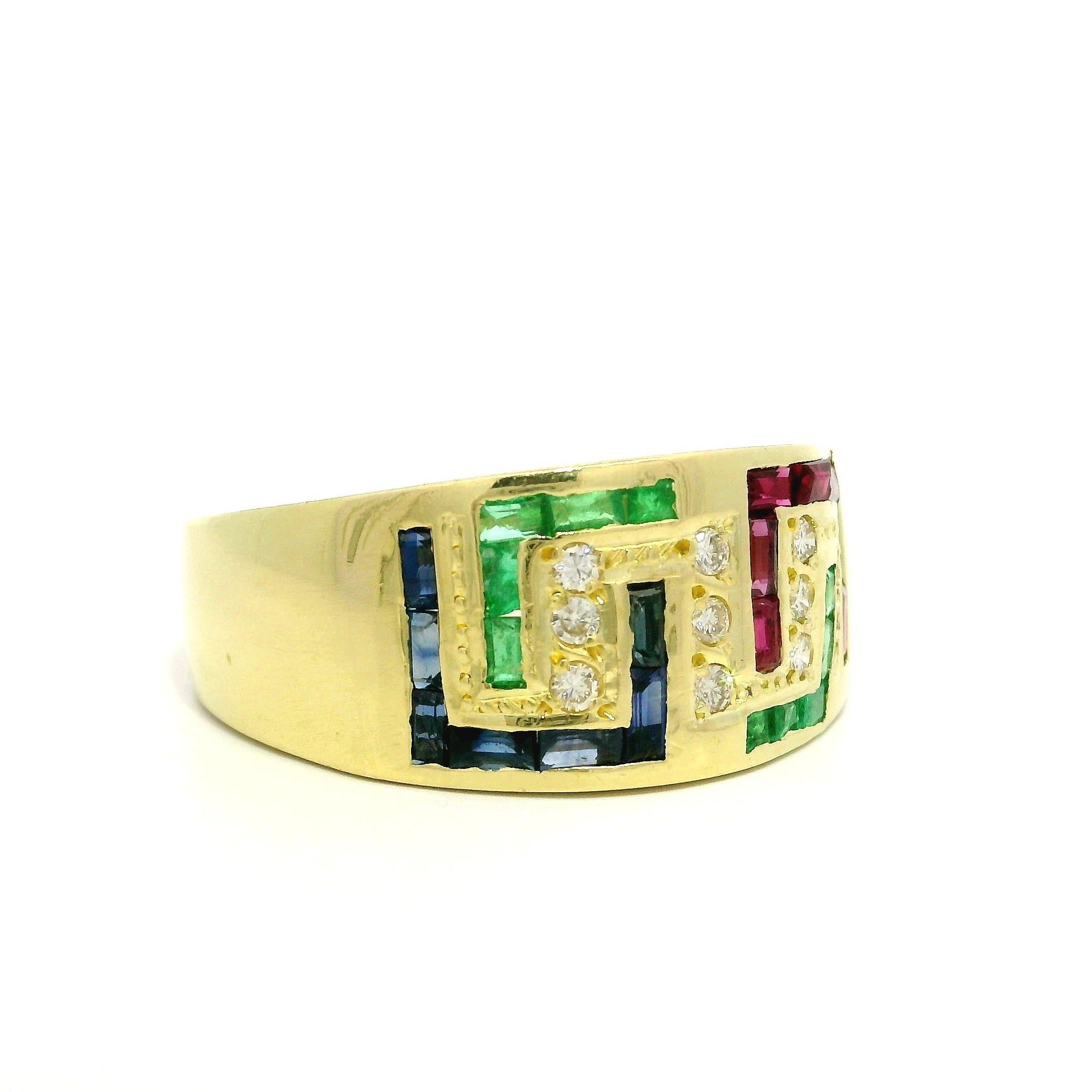 Yellow Gold 0.69ctw Diamond Sapphire Ruby & Emerald Greek Key Band Ring For Sale 2