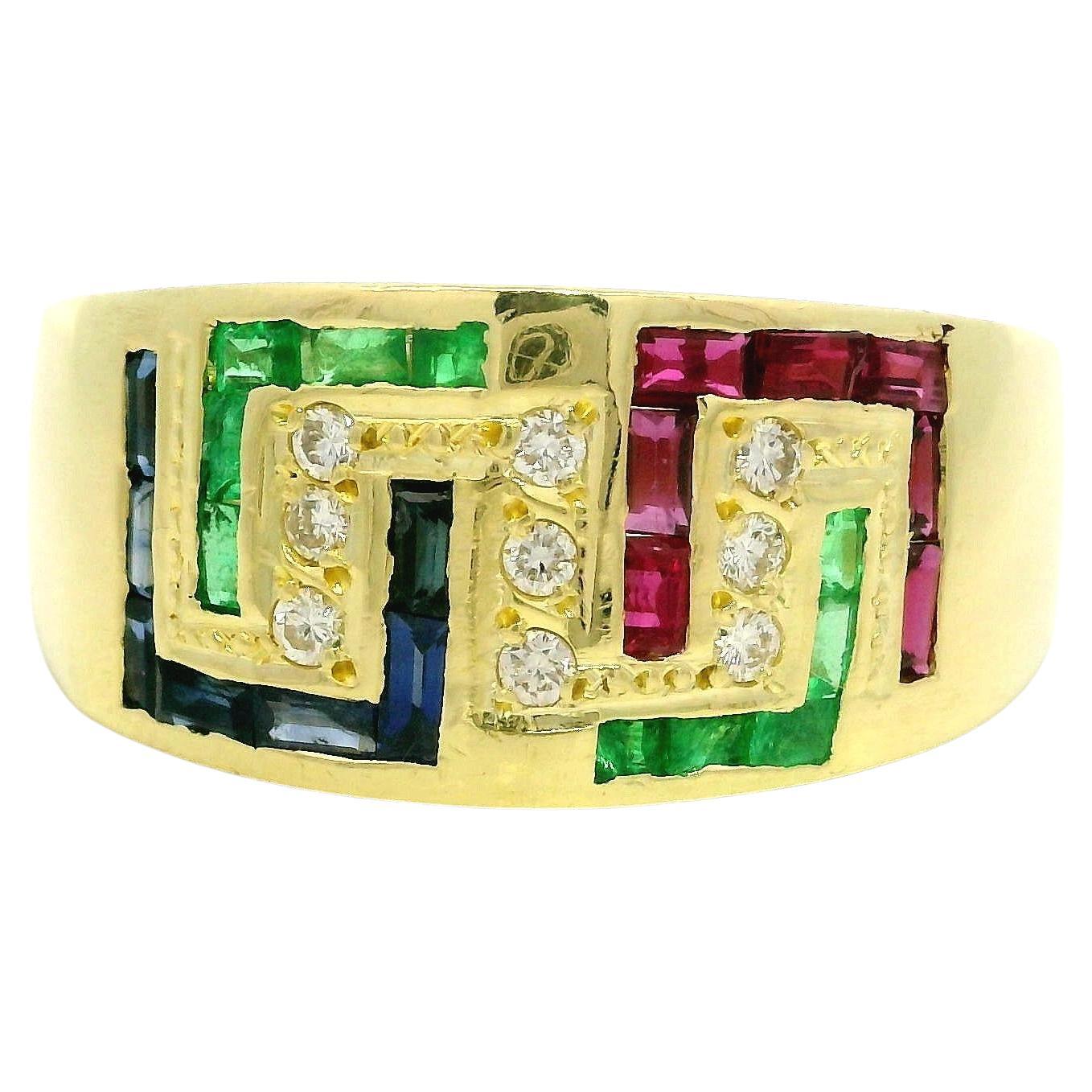 Yellow Gold 0.69ctw Diamond Sapphire Ruby & Emerald Greek Key Band Ring