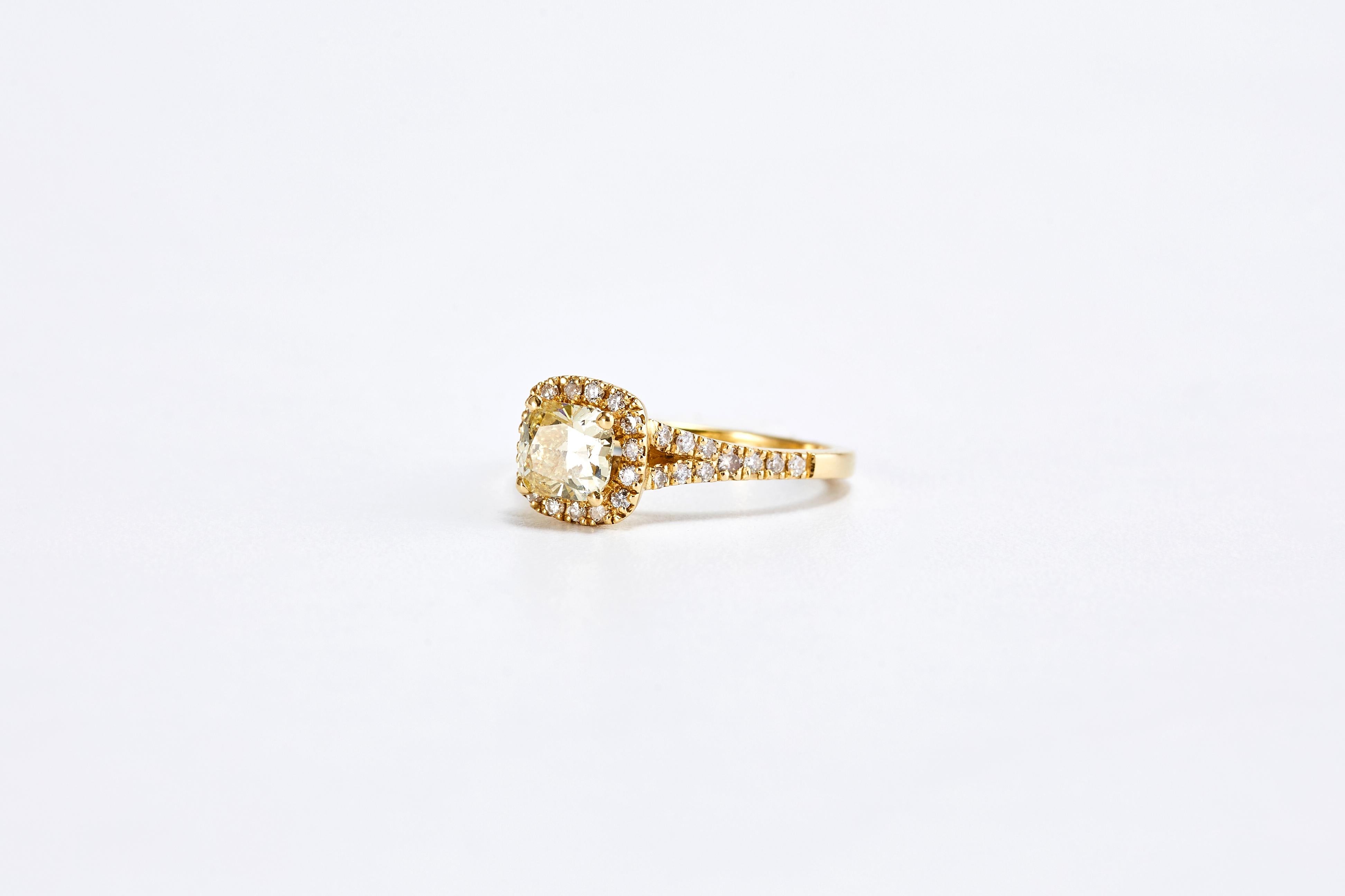 Cushion Cut Yellow Gold 0.90 Carat Fancy Yellow Cushion Diamond Engagement Ring with a Halo  For Sale