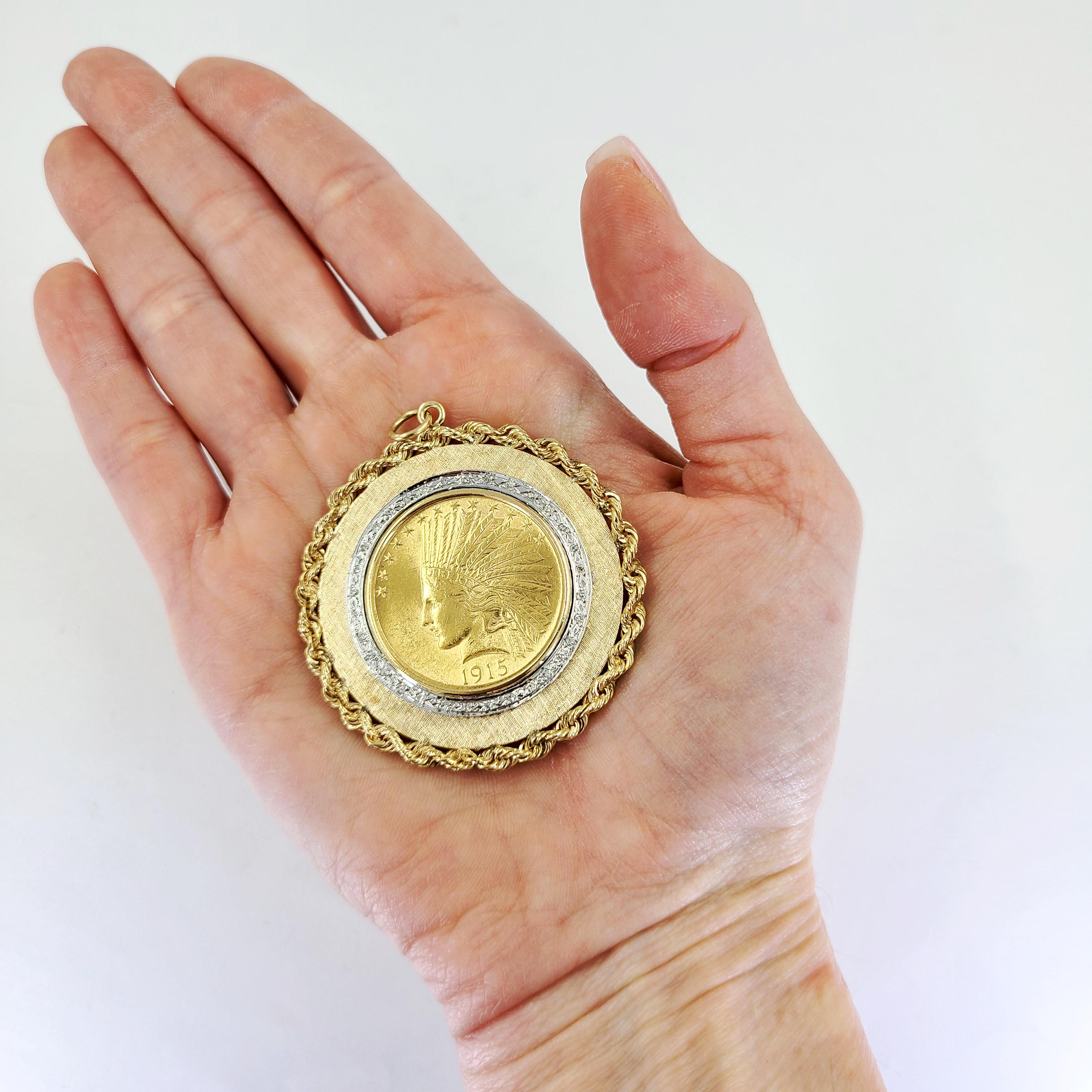 22 Karat Yellow Gold US $10 Indian Coin Circa 1915 Set In A 14 Karat Yellow Gold Rope Pendant Featuring 34 Single Cut Diamonds Of VS Clarity & G/H Color Totaling Approximately 0.34 Carats. Finished Weight Is 34.2 Grams.