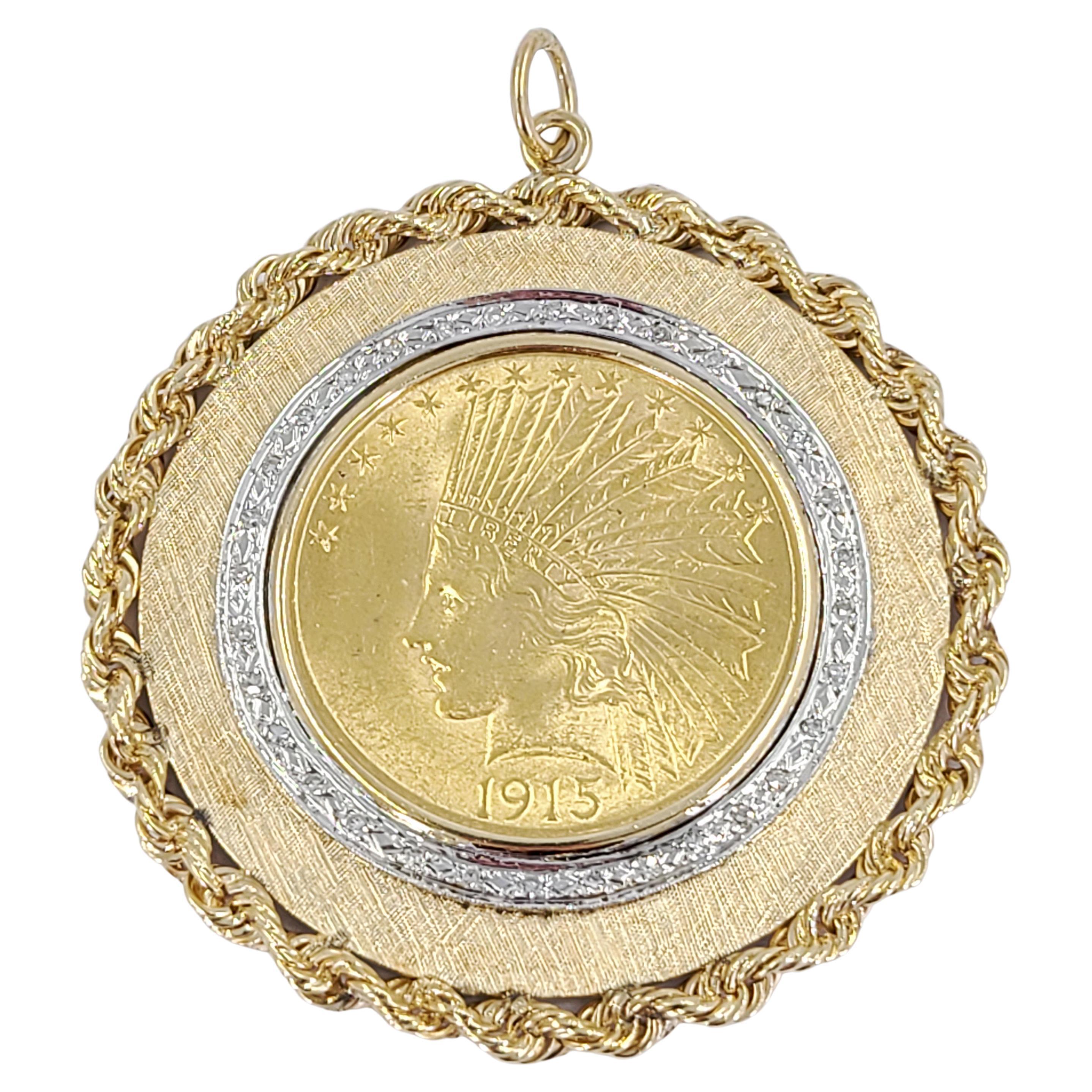Yellow Gold $10 Indian Head Coin in Single Cut Diamond Bezel Pendant For Sale
