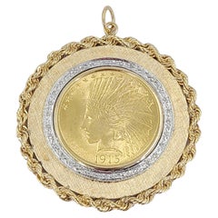 Yellow Gold $10 Indian Head Coin in Single Cut Diamond Bezel Pendant