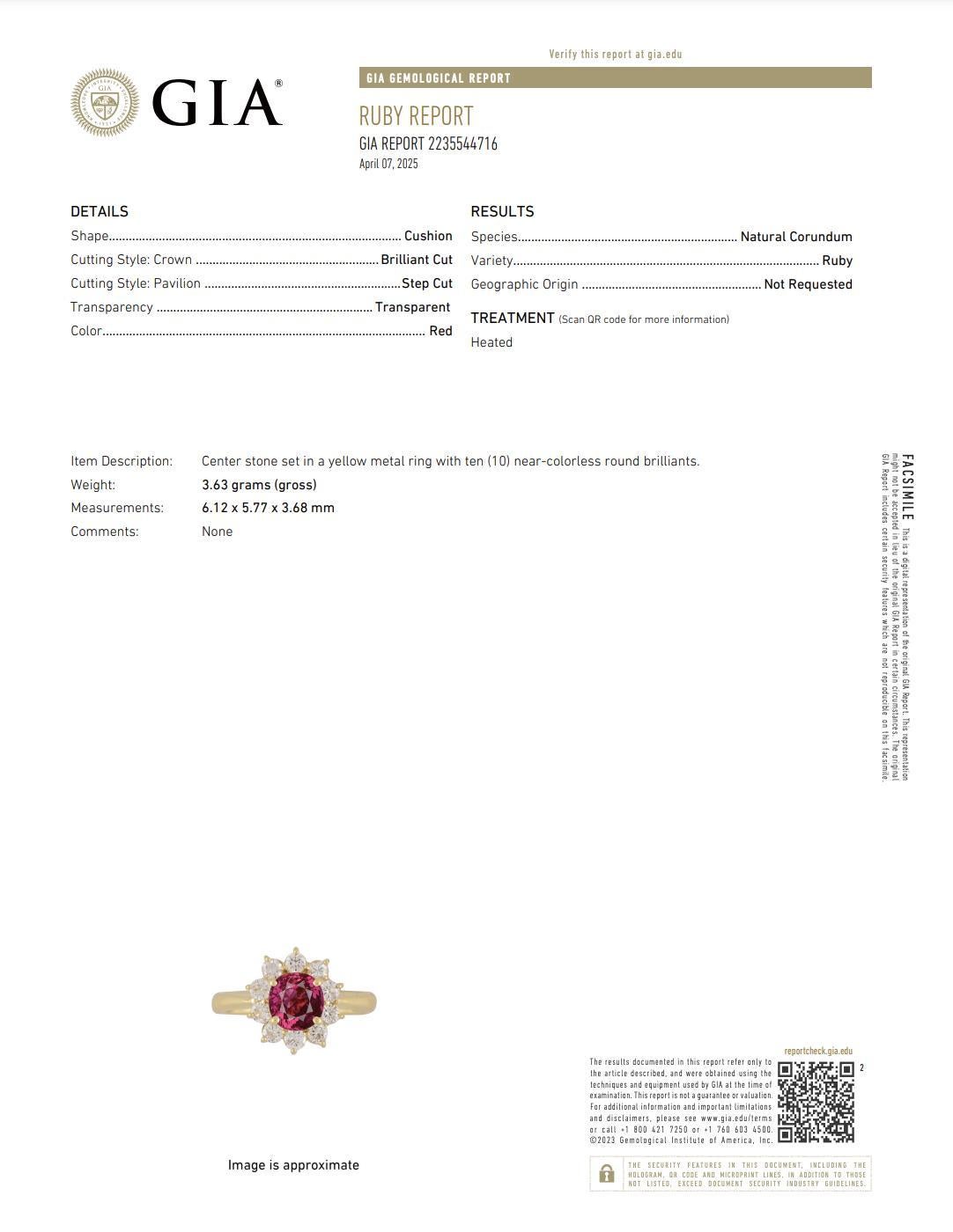 A vibrant display of elegance and brilliance. This captivating ring features a stunning 1.08 carat oval-cut ruby, radiating a rich red hue. The central gem is beautifully encircled by a halo of sparkling diamonds, each meticulously set to enhance