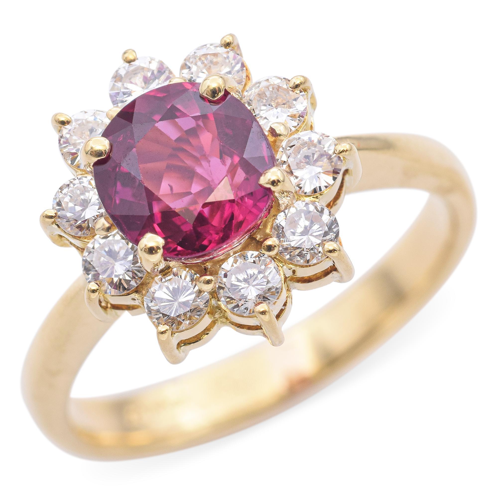 Oval Cut Yellow Gold 1.15ct Ruby Diamond Halo Ring GIA For Sale