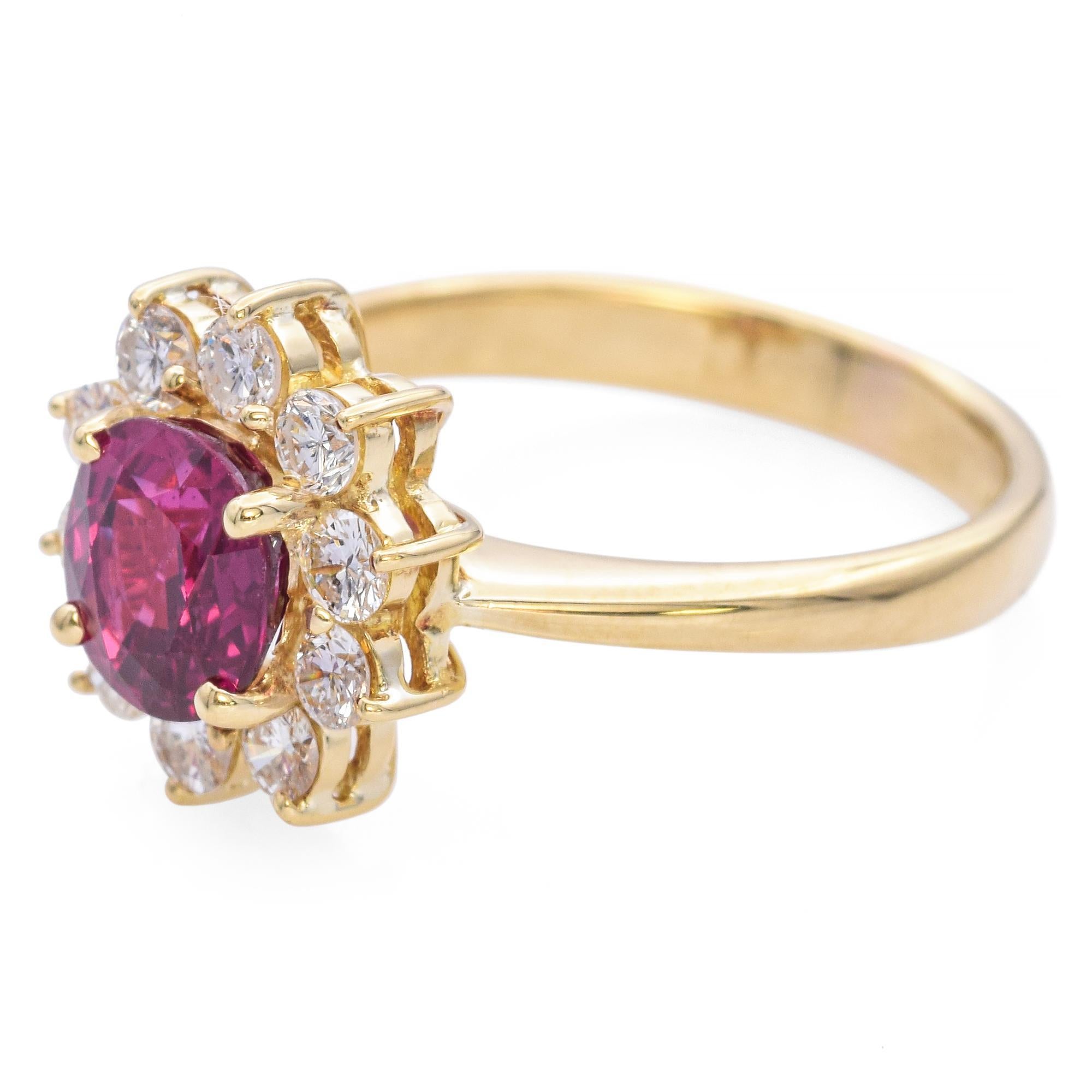 Women's Yellow Gold 1.15ct Ruby Diamond Halo Ring GIA For Sale
