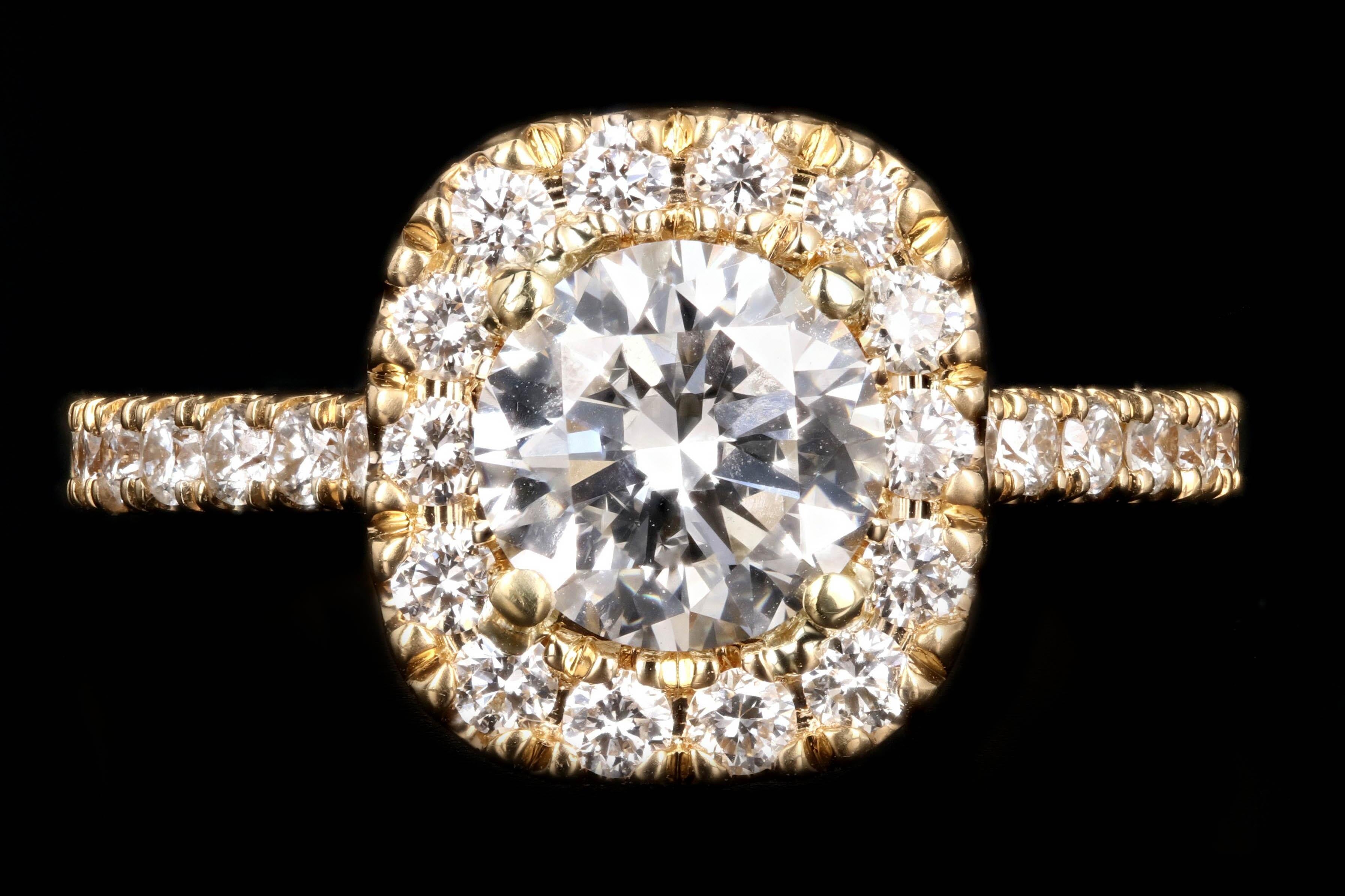 Era: New

Composition: 18K Yellow Gold

Primary Stone: Round Brilliant Cut Diamond

Carat Weight: 1.31 Carat

Color: G

Clarity: VVS2

Accent Stones: Round Brilliant Cut Diamonds

Carat Weight: .50 Carats

Color: F-G

Clarity: VS1/2

Total Carat
