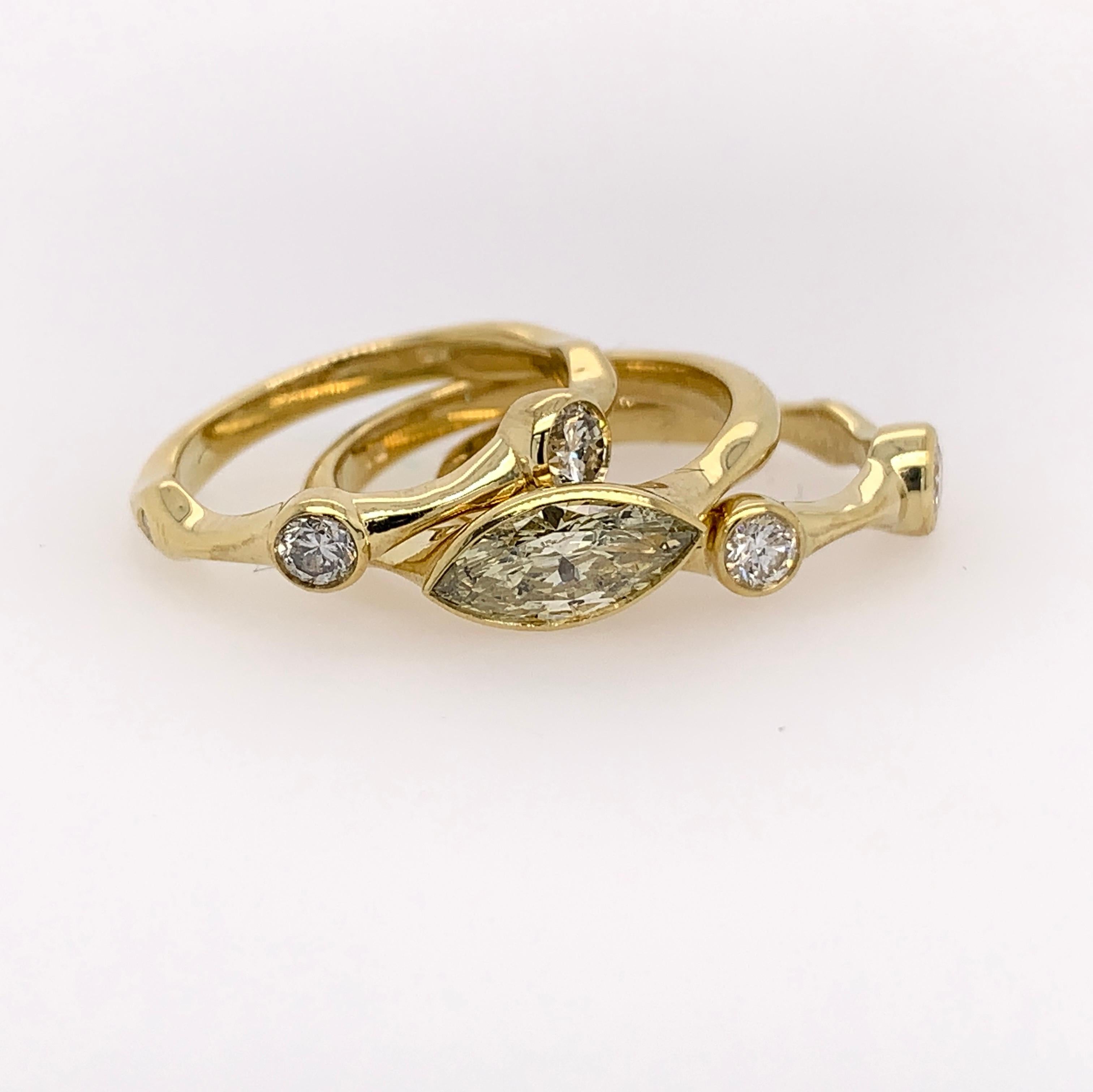 Retro Yellow Gold 1.42 Carat Natural Marquise & Round Diamond Cocktail Stack Ring Set For Sale