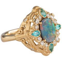 Yellow Gold 1.49ct Oval Black Opal Ring Diamond and Paraiba Tourmaline Accents