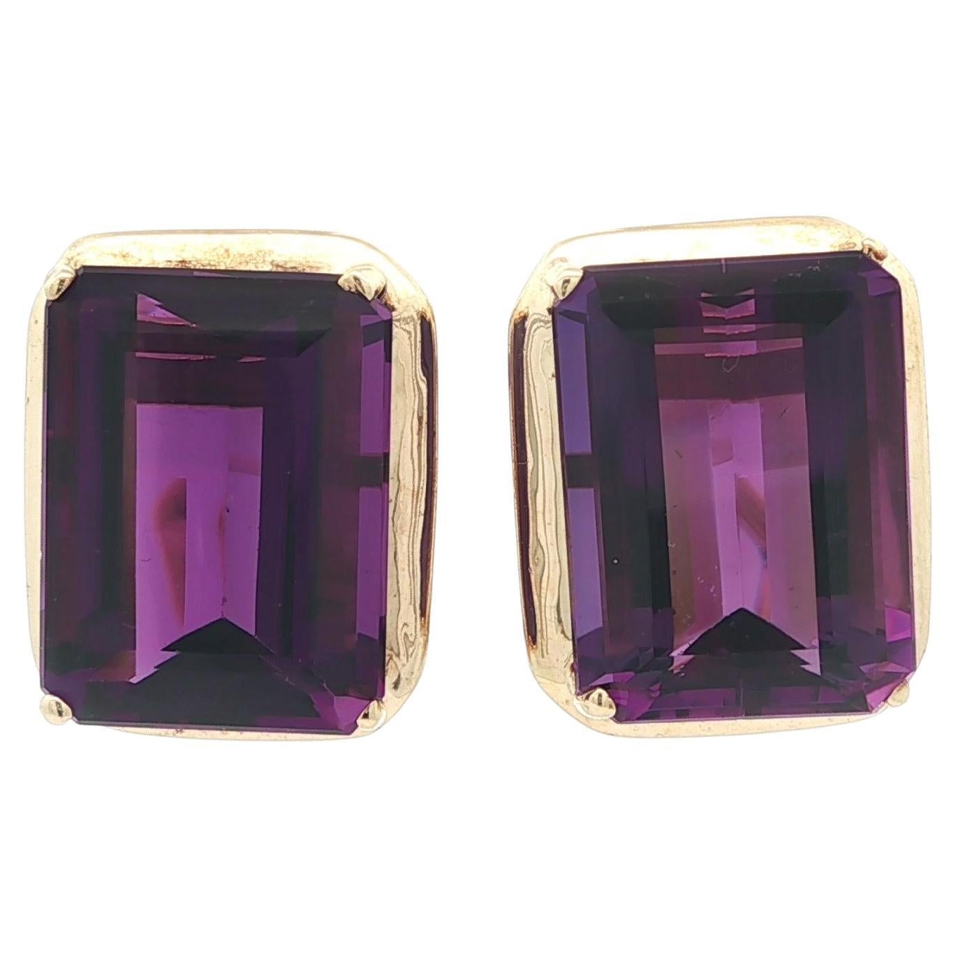 Yellow Gold 16ctw Emerald Cut Prong Set Amethyst Earrings w/ Omega Backs