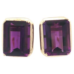Yellow Gold 16ctw Emerald Cut Prong Set Amethyst Earrings w/ Omega Backs