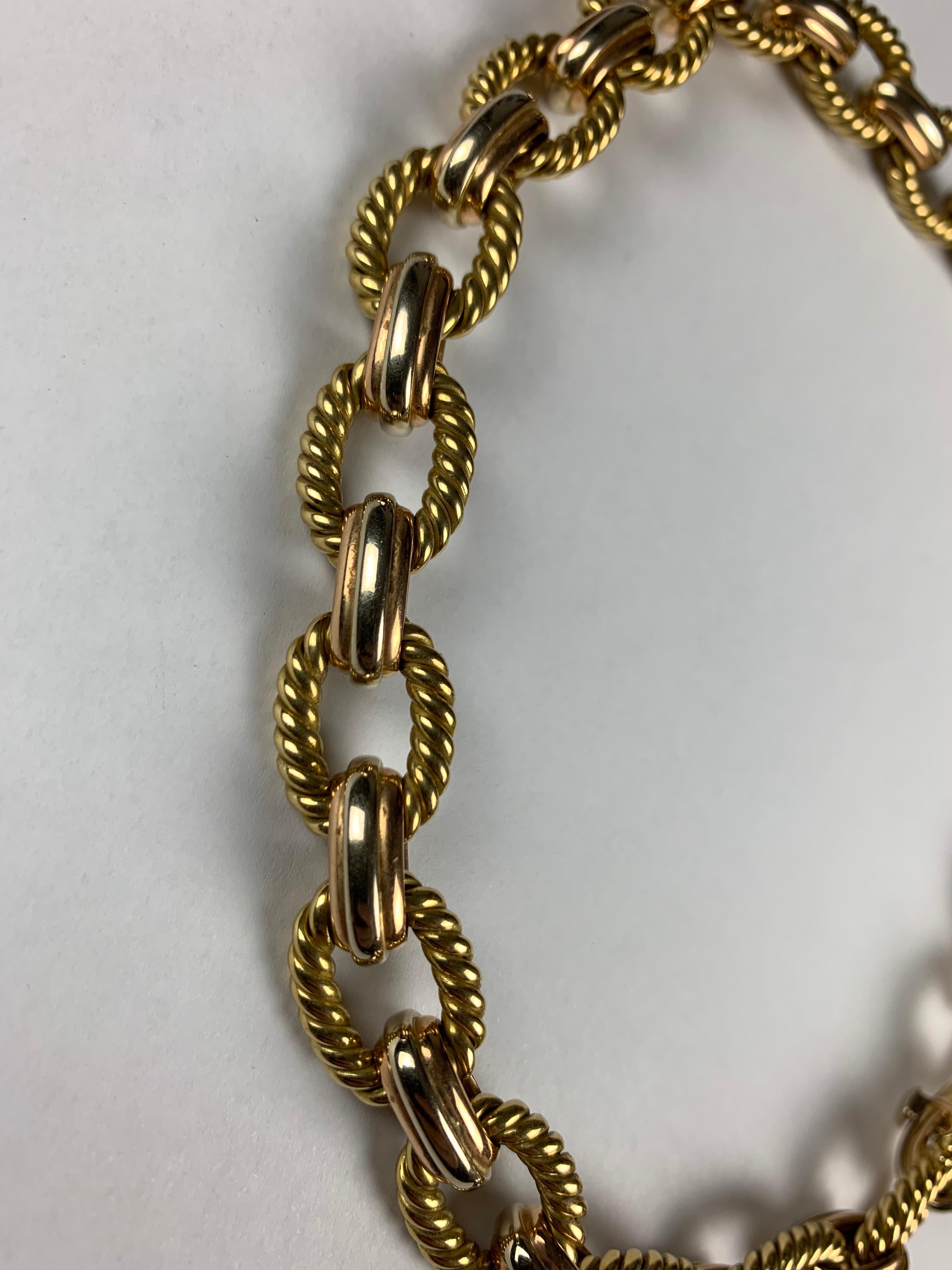 Yellow Gold 18 Carat 3 Color Curb, Rope Necklace In Excellent Condition In  London, GB