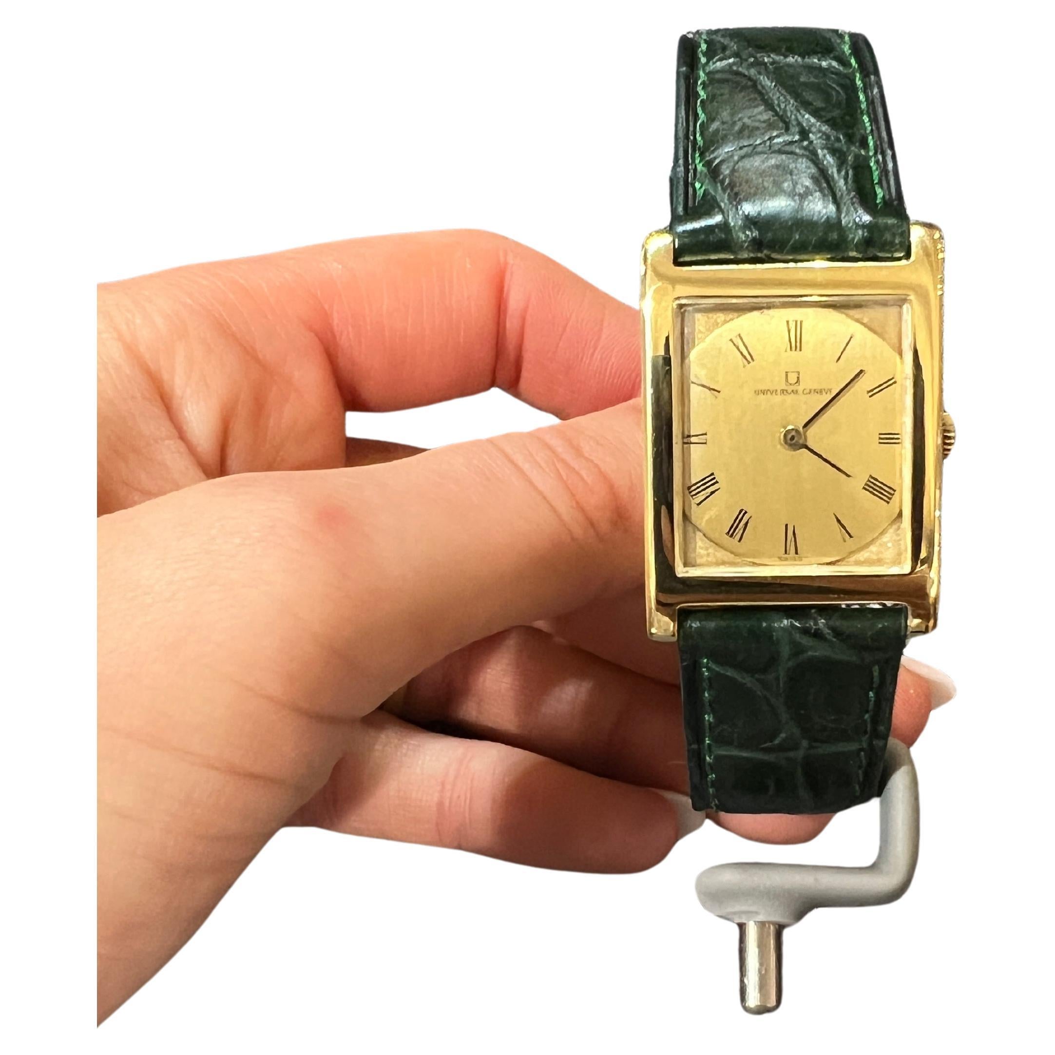 Yellow Gold 18 Carats Green Leather Universal Geneve Watches

Dive into the timeless elegance of the 1960s with this sophisticated and refined vintage watch. This unique piece features an 18-carat yellow gold case, embodying both luxury and