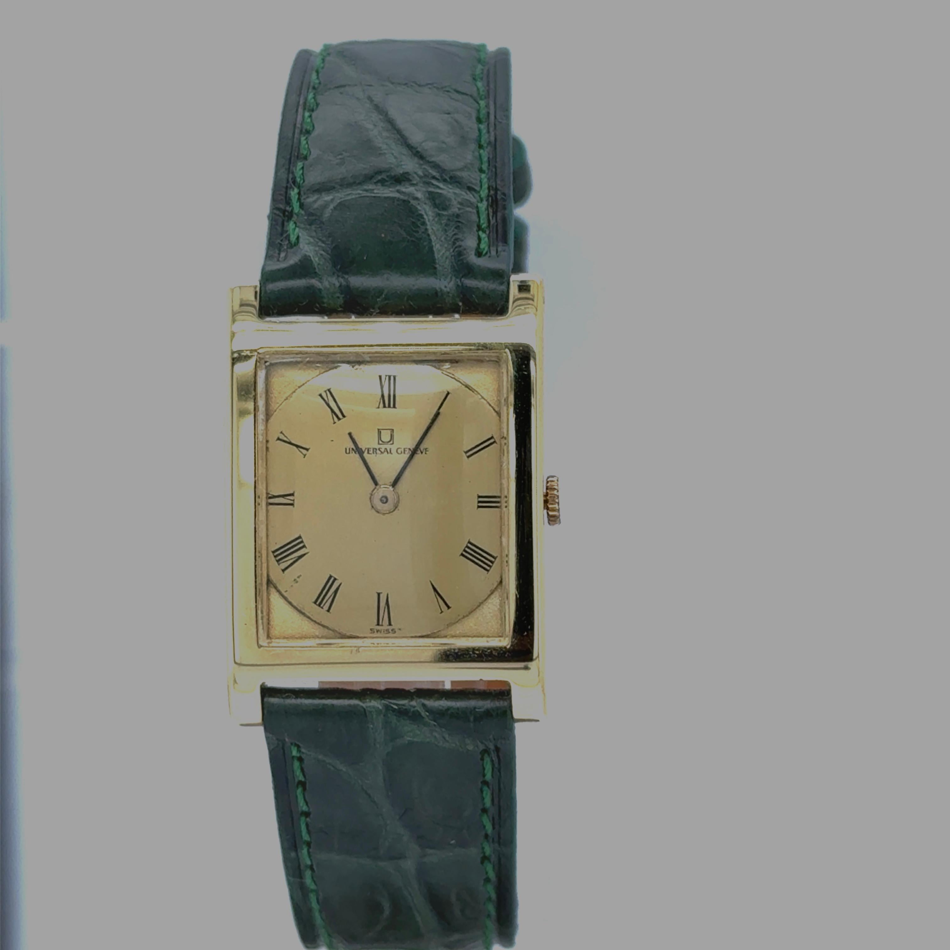 Yellow Gold 18 Carats Green Leather Universal Geneve Watches For Sale 1