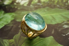Yellow Gold 18 Karat Aqua Blue Cabochon Aquamarine Band Ring
