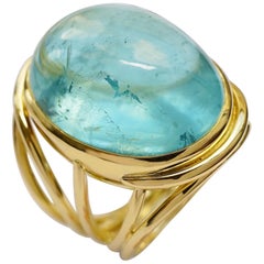 Yellow Gold 18 Karat Aqua Blue Cabochon Aquamarine Band Ring