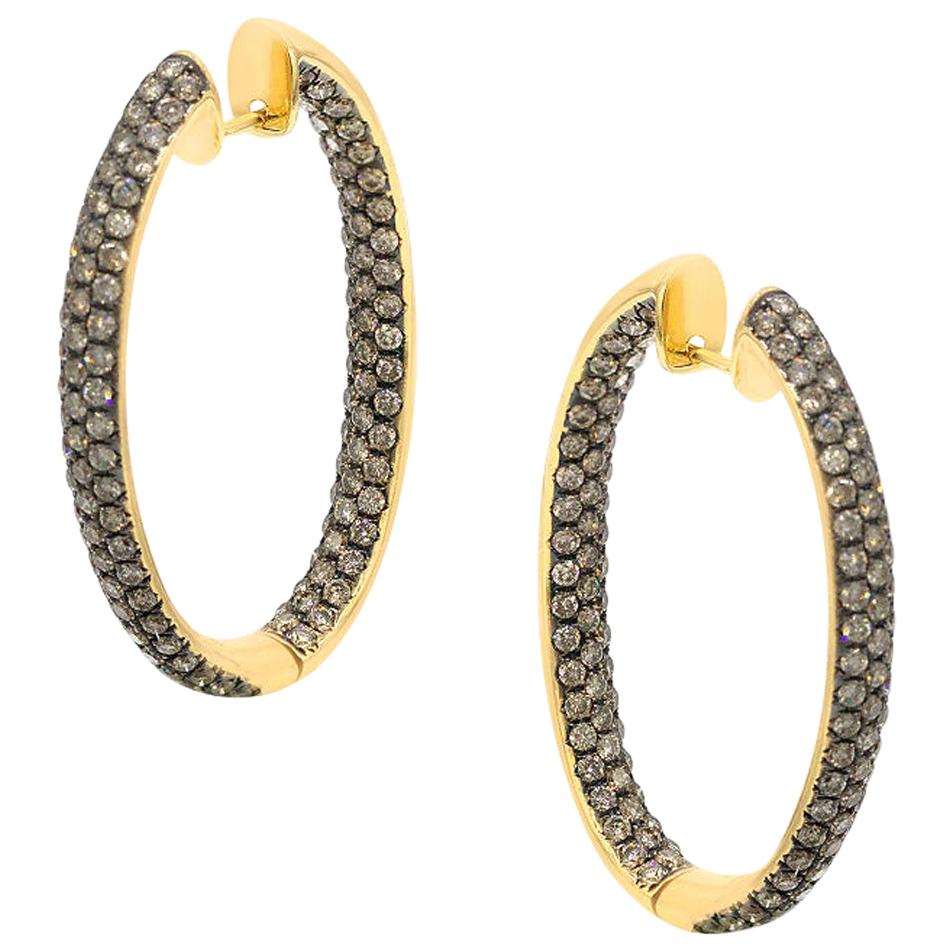 Yellow Gold 18 Karat Cognac Diamond Hoop Earrings For Sale