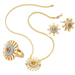 Yellow Gold 18 Karat Diamond Sapphire Cocktail Ring Pendant Earring Suite Set