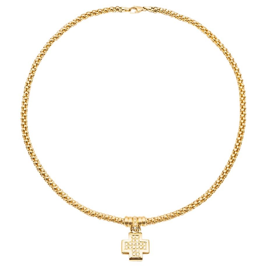 Yellow Gold 18 Karat Necklace with a Cross Pendant Articulated Diamond Paving