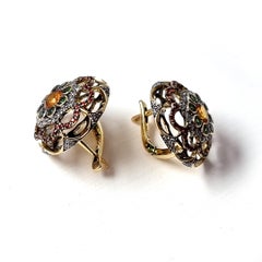 Yellow Gold 18K Earrings with Diamonds, Orange and Red Sapphires and Tsavorites