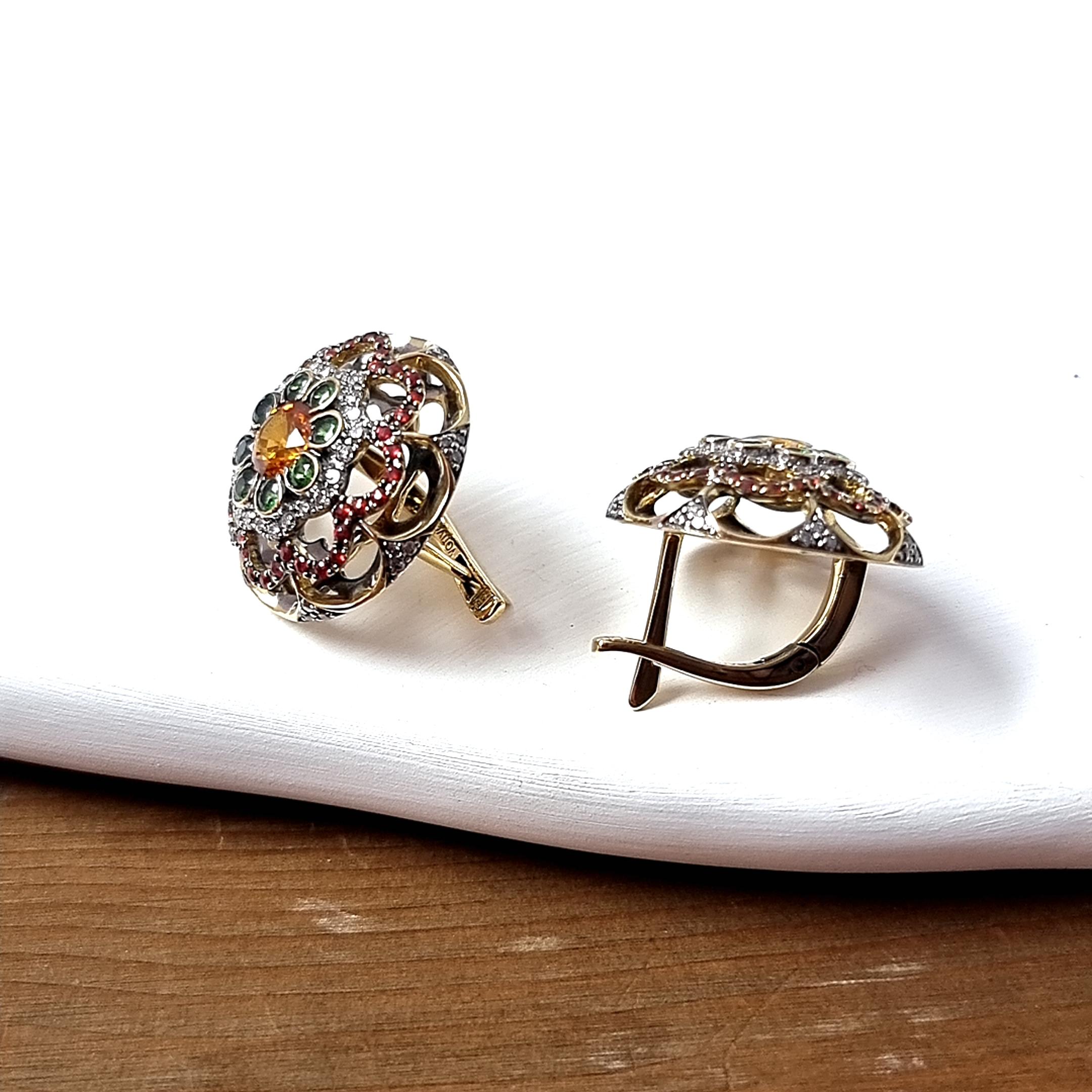 Round Cut Yellow Gold 18K Earrings with Diamonds, Orange and Red Sapphires and Tsavorites For Sale