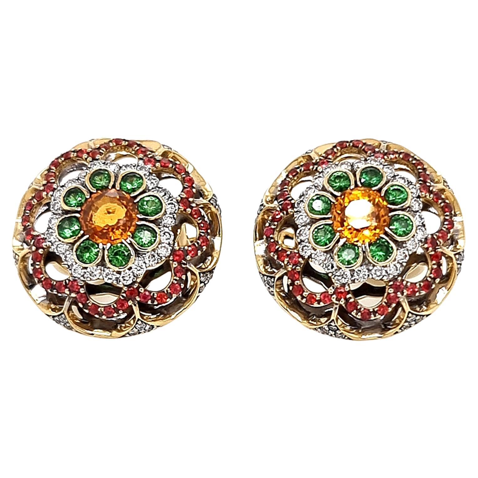 Yellow Gold 18K Earrings with Diamonds, Orange and Red Sapphires and Tsavorites