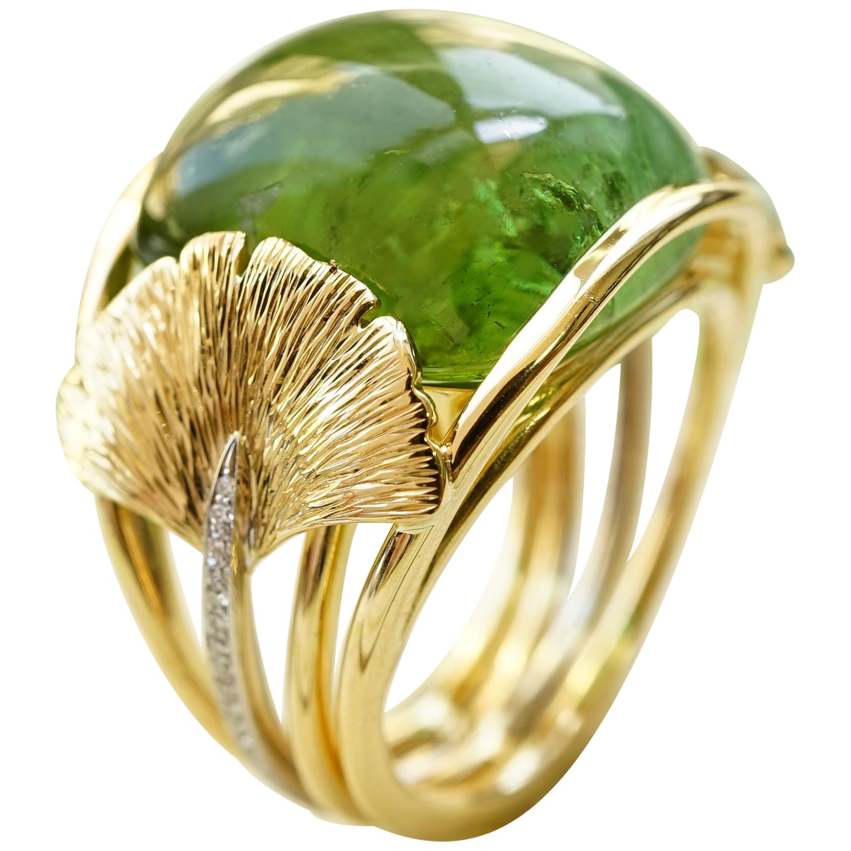 Yellow Gold 18 Karat Ginkgo Leaves Green Cabochon Tourmaline Diamonds Band Ring For Sale