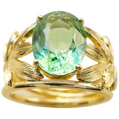 Yellow Gold 18k Palm Leaves Paraiba Turquoise Tourmaline Cocktail Ring