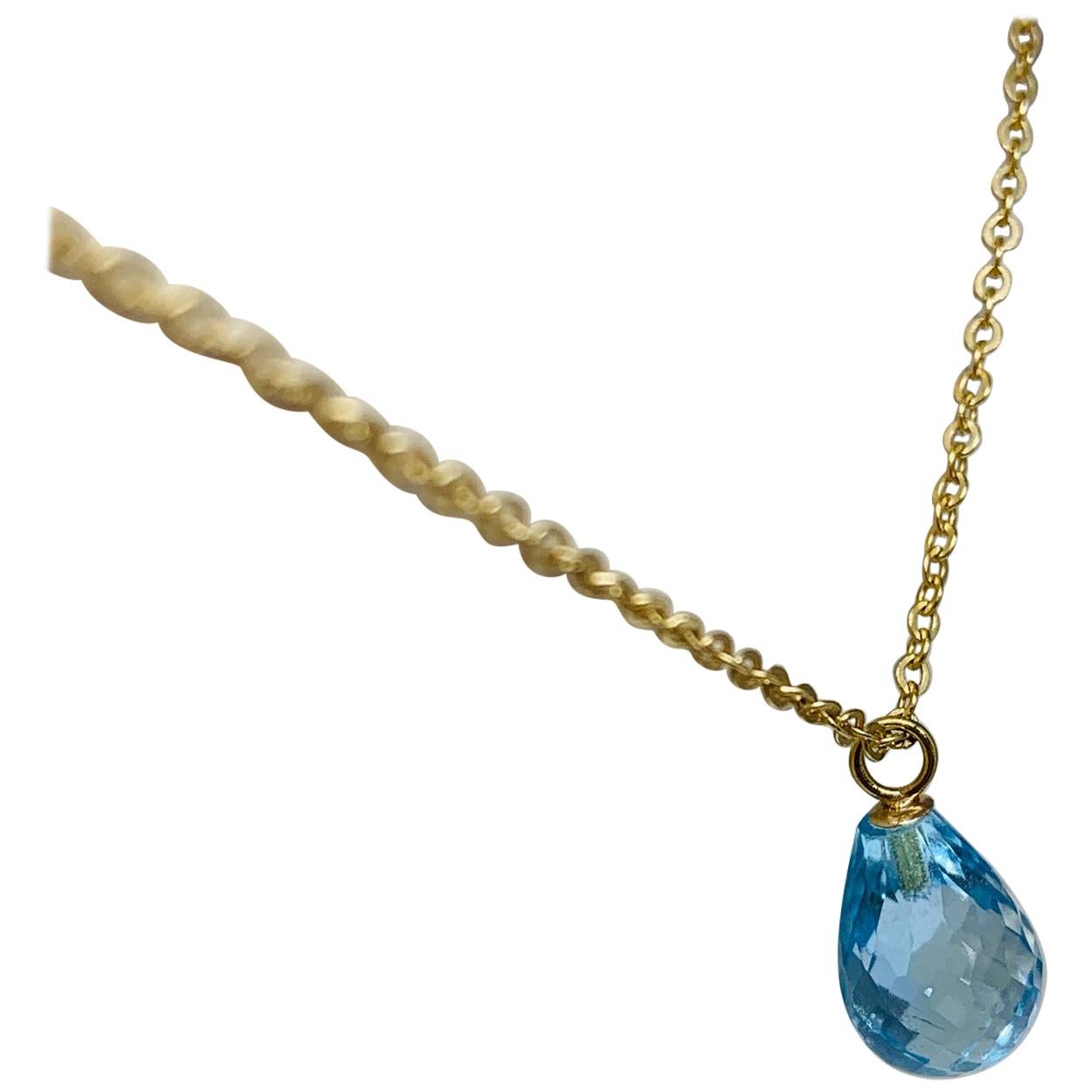 Yellow Gold 2 Carat Briolette Cut Blue Topaz Solitaire Necklace